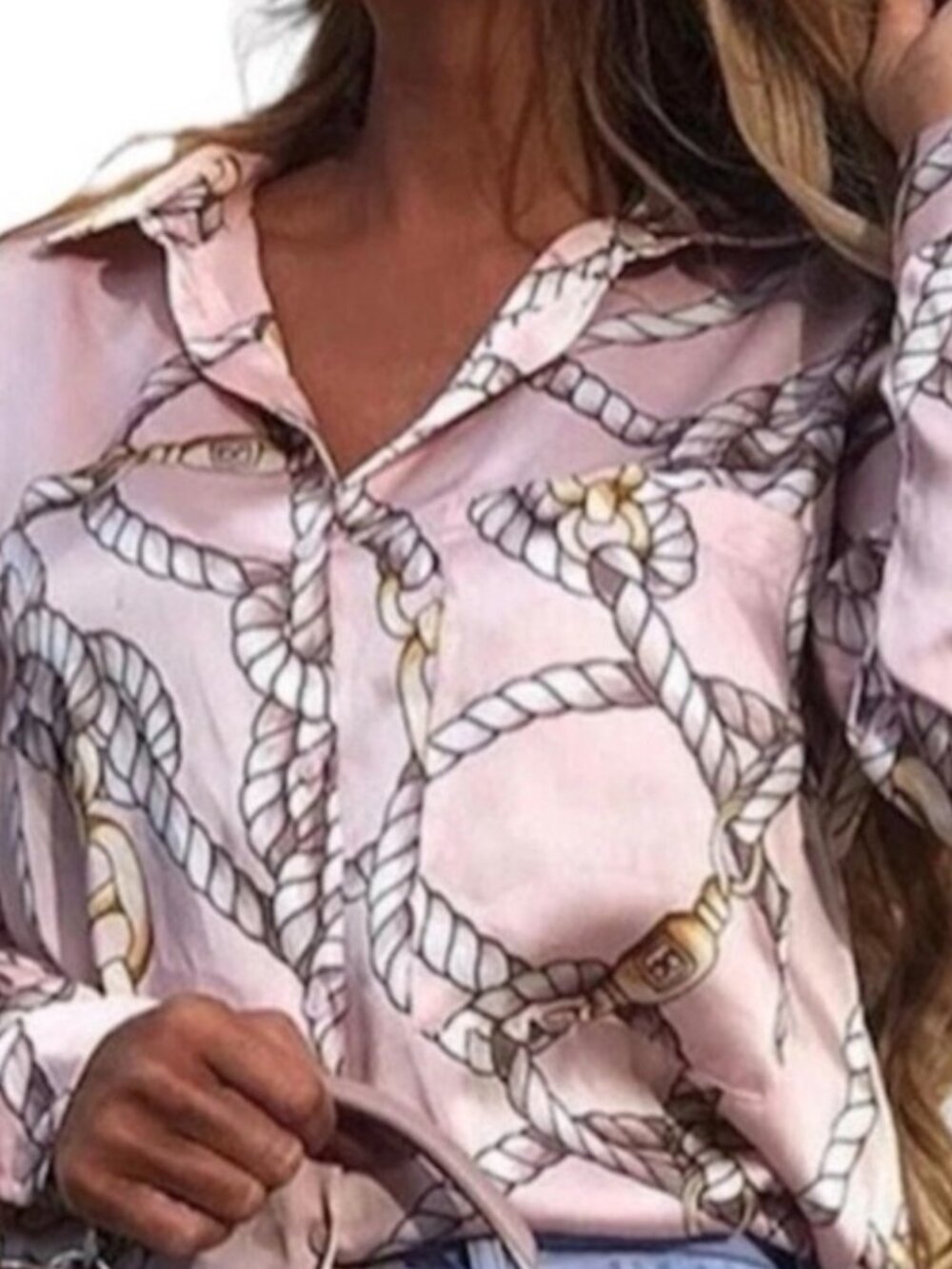 New with Tags Zara Pink Knot Chain print Silky Blouse Shirt
